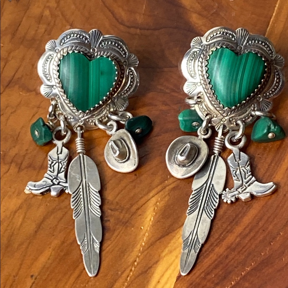 Vintage Sterling silver Malachite  heart shaped western earrings